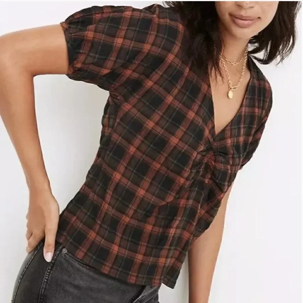 Madewell Gathered V-Neck Top in Plaid